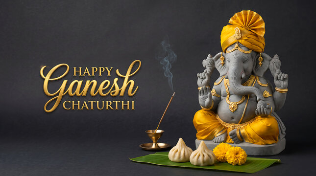 Lord Ganesha Stone Idol in Yellow Pheta with Modak Offerings for Ganesh Chaturthi. Devotional Studio Composition with Golden Typography and Incense Smoke on Dark Background.