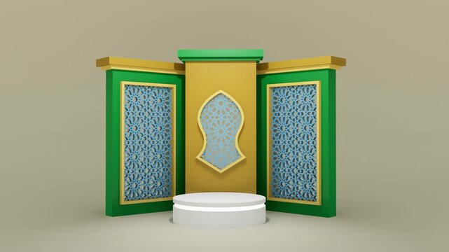 3D zoom in cinematic video, camera approach Islamic Arabic ornament podium display, mashrabiya backdrop, empty white product stand, dramatic render
