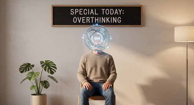 Surreal person with a holographic loading-icon head sitting in a chair beneath a &ldquo;SPECIAL TODAY: OVERTHINKING&rdquo; letterboard