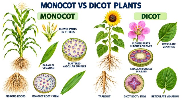 Monocot and Dicot Plants Comparison Showing Roots, Leaves, Flowers and Anatomy