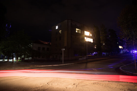 Abandoned City Streets at Night. Nobody at buildings.