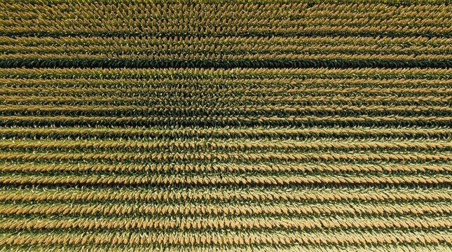 Aerial top down view of sorghum field in Australia. Green, yellow crops grow in textured rows across farmland. Geometric pattern of cereal plants shows agriculture, agribusiness, food production