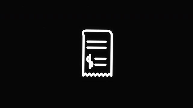 Minimalist white icon of a paper receipt with dollar sign on black background, concept for budget tracker and expense management in financial apps and business accounting.