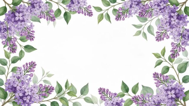 Beautiful watercolor lilac flowers and green leaves forming a decorative border on a white background, perfect for spring designs and invitations.
