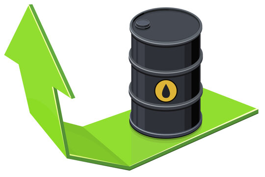Isometric crude oil barrel on an upward green growth arrow symbolizing surging petroleum prices, economic recovery, and profitable fuel market. (cut out)
