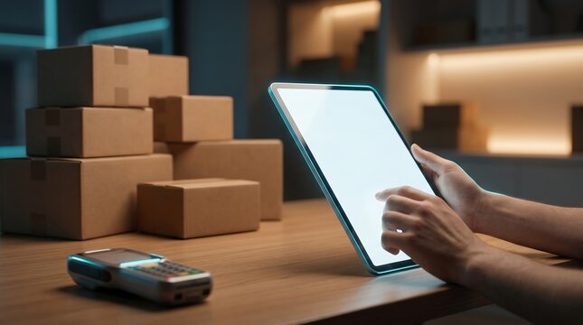 Logistics professional checking digital tablet for updates with cardboard boxes and point of sale terminal on wooden desk inside modern warehouse facility at late night shift