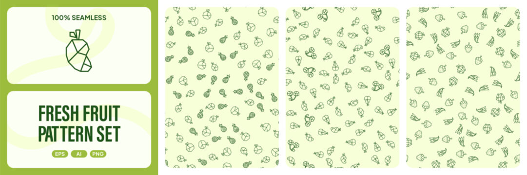 Set of seamless patterns with geometric stylized fruits, vector illustration for textile, wallpaper, and packaging design