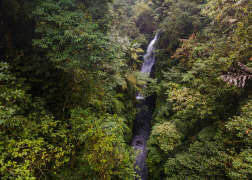 Aerial View of Hidden Lesung Waterfall Deep in the Jungle on the Slopes of Mount Slamet, A Cave-Like Tunnel Formed by Wild Trees, Moss, and Rocks Frames the Waterfall in Indonesia.