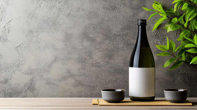 Bottle of sake with two small cups sits on wooden surface, surrounded by green leaves against textured gray background, creating serene atmosphere