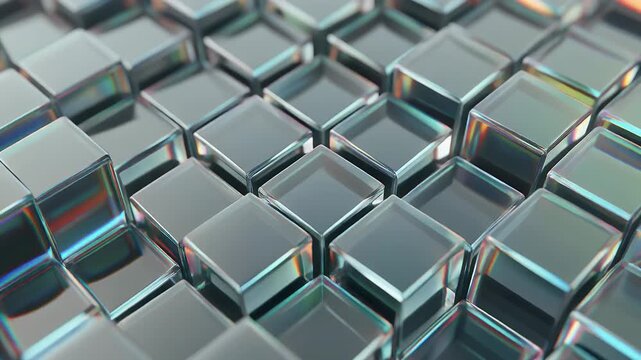 A visually striking, abstract composition of translucent, shimmering cubes arranged in a staggered pattern.