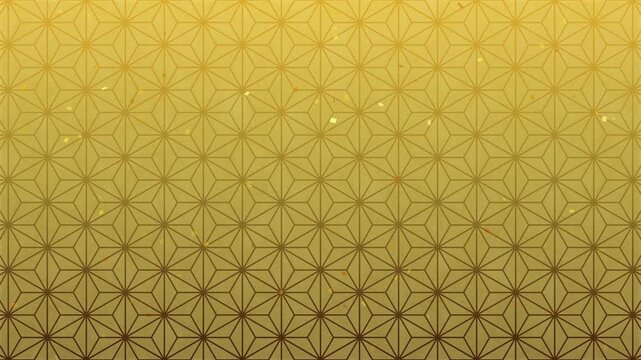 Gold Confetti Falling over Animated Japanese Asanoha Pattern Background, Seamless Loop