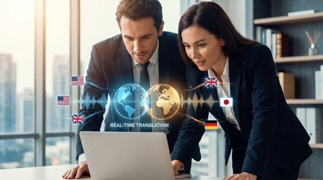Business professionals leverage real-time translation technology for seamless global communication and international collaboration, bridging language barriers