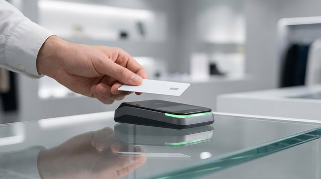 Customer Making Contactless Payment with Credit Card at Modern Retail Store Checkout Counter for Commercial Use