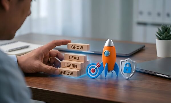 Leadership Growth and Professional Development Concept with Lead, Learn and Grow Blocks and Rocket