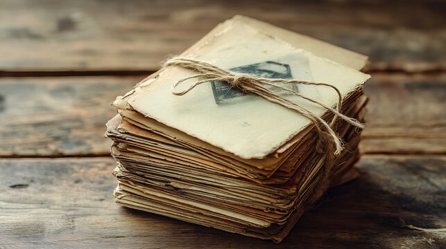Stack of aged papers bound with twine rests on weathered wood, hinting at forgotten stories and vintage memories