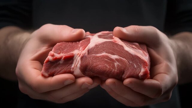 A raw cut of pork, likely pork shoulder or collar, is presented in a person's hands.