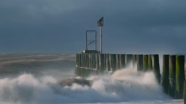 A sequence of three images showing waves crashing against a wooden sea defense.