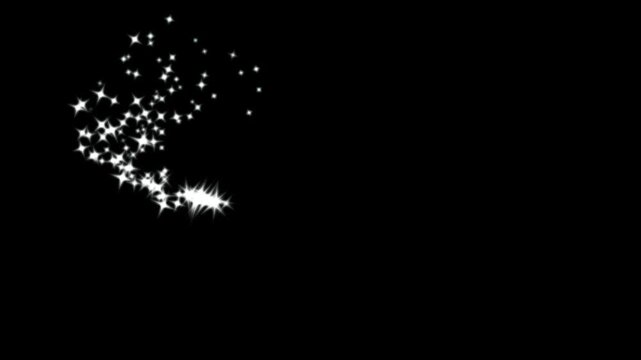 Shimmering white glitter star trail with magical fairy dust, 2D sparkling particles and glowing line motion, elegant fantasy transition overlay on black background, 4K and UHD video effect overlay