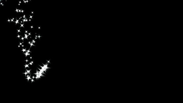 2D Animated glitter line stars with white sparkling particles, magical fairy dust trail and twinkling star bursts, elegant fantasy transition effect on black screen 4K and UHD video effect overlay