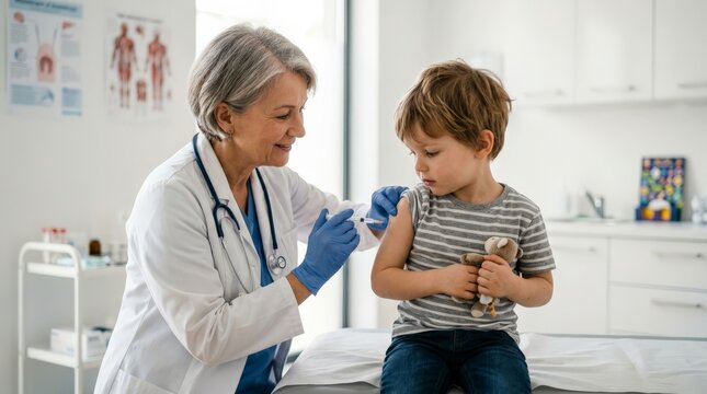 A compassionate female doctor administers a vaccine child injection in a bright clinic while the little boy holds a stuffed toy closely with an apprehensive expression