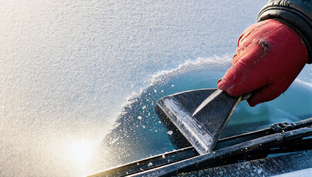 A hand uses a scraper tool to clean and clear frozen ice and frost from a cold car windshield window for safe winter driving routine.