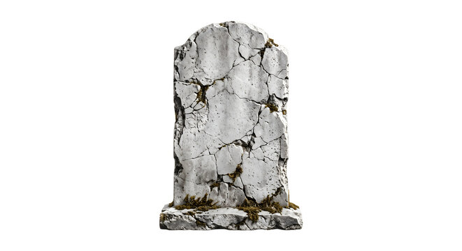 Weathered stone headstone with deep cracks and moss growth for cemetery memorial and halloween graveyard concepts.