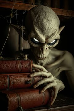 Spooky Goblin Creature Reaching for Old Vintage Books on Library Shelf