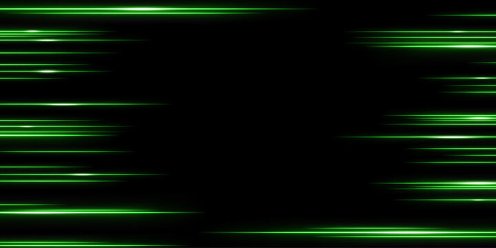Green laser beams, glowing stripes. Bright light effect. Abstract vector illustration on black background.