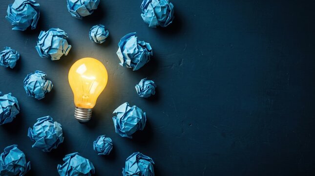 Glowing yellow light bulb surrounded by blue crumpled paper balls representing creative idea generation with innovation