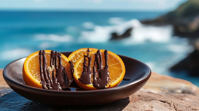 Chocolate dipped orange slices sit on a ceramic plate against a bright ocean view, showcasing a refreshing summer dessert