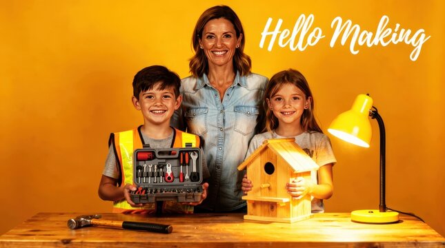 Mother with son and daughter showing wooden birdhouse and tool kit at desk. Family enjoys DIY carpentry project together. Creative craft concept ideal for hobby and parenting campaigns.