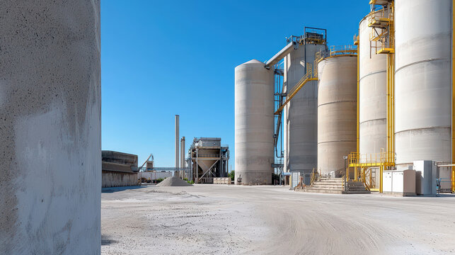 Industrial facility with large silos and machinery under clear blue sky, showcasing modern construction site