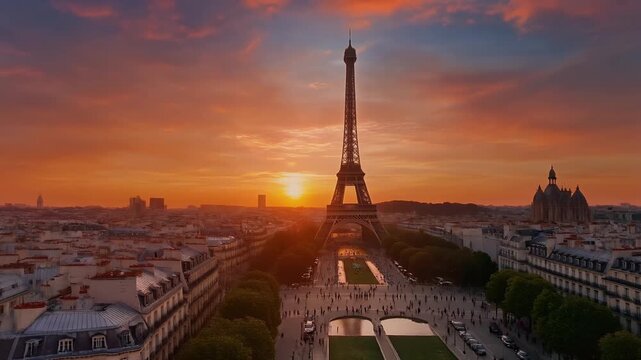 The Eiffel Tower bathed in the warm glow of a Parisian sunset.
