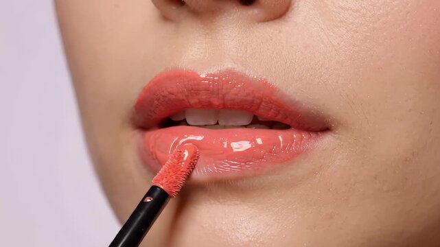 Woman lips coral gloss application beauty makeup cosmetic applicator skincare shows glossy coral color spreading precisely across the lower lip during a polished beauty routine for beauty advertising