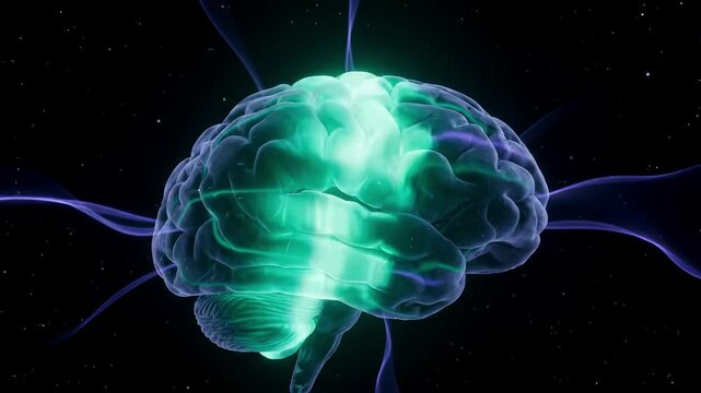 Human brain aurora neural pathways neuroscience cognition mind energy space shows luminous green ribbons flowing through a rotating brain suspended in a starry cosmos for neuroscience education