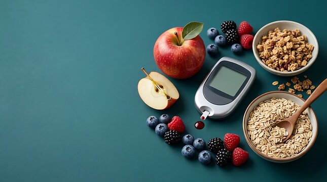 Blood glucose meter with fresh fruit and oatmeal for diabetes care