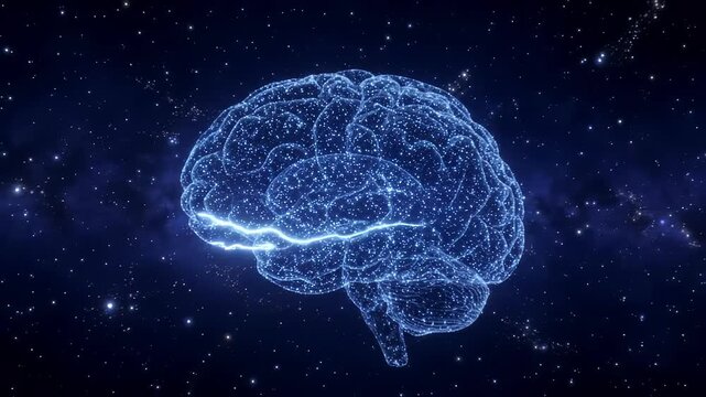 Human brain neural pathways glowing neuroscience cognition space intelligence medicine shows starlike neural pathways pulsing while a luminous brain recedes into deep space for neuroscience campaigns