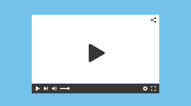 Minimalist video player interface vector illustration featuring clean playback controls and a central play button symbol