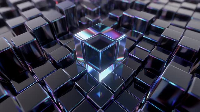 Abstract geometric composition with reflective cubes in shades of dark and iridescent.