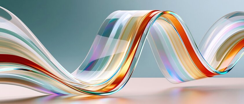 Flowing translucent ribbon with glass-like texture and iridescent colors