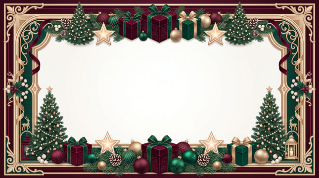 Christmas border with gift and tree