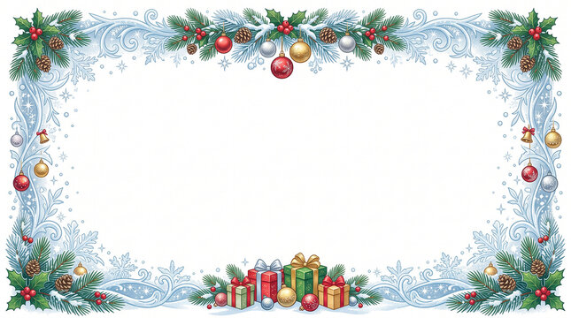 Christmas gift box border with greenery