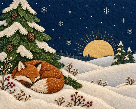 Sleeping Fox Felt Applique Winter Landscape with Snowy Pines and Golden Sun