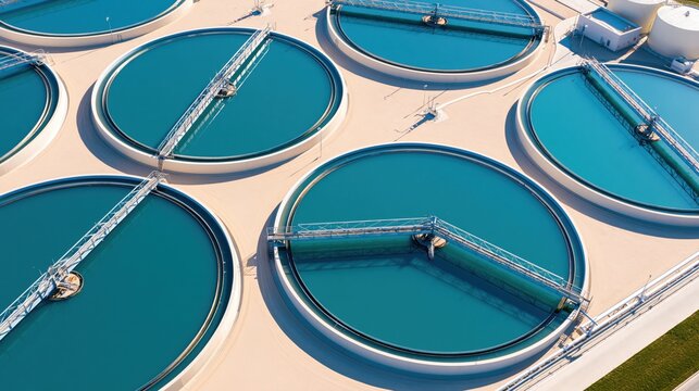 Aerial view of circular sedimentation tanks arranged in industrial water treatment facility with turquoise water and metal walkways