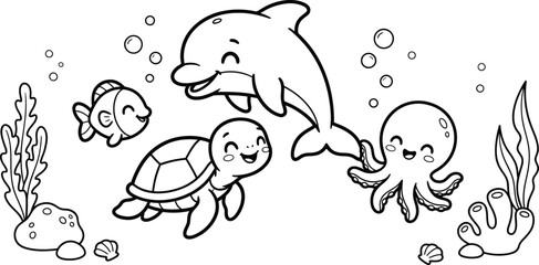 Fototapeta premium Cute underwater sea creatures illustration for a fun kids coloring book page featuring a dolphin turtle and octopus