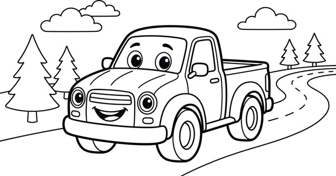 A cute cartoon pickup truck driving on a country road coloring book page for young children