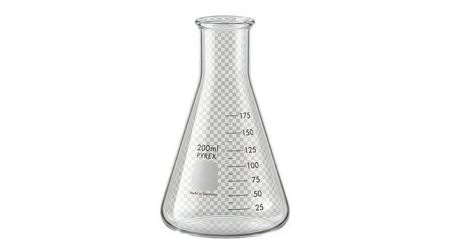 Erlenmeyer flask 200ml laboratory glassware, clear glass conical flask with measurement scale, scientific chemistry equipment isolated PNG with Transparent Background
