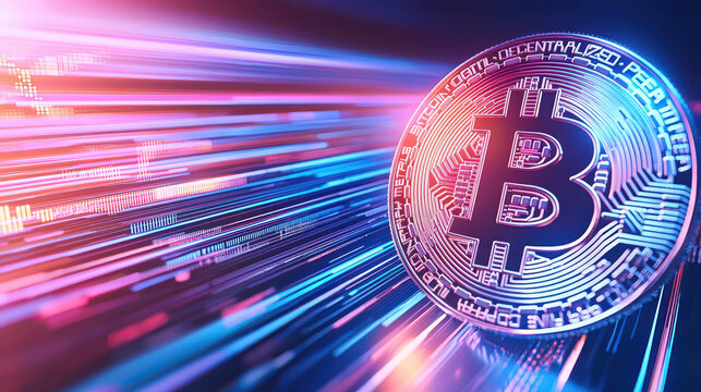 Digital representation of cryptocurrency with vibrant colors and motion effects, symbolizing speed and technology in finance