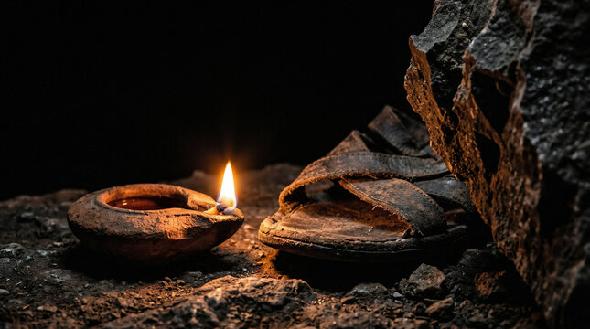 Psalm 119, Your word is a lamp to my feet', An ancient clay oil lamp illuminating a dark, treacherous rocky path at night   