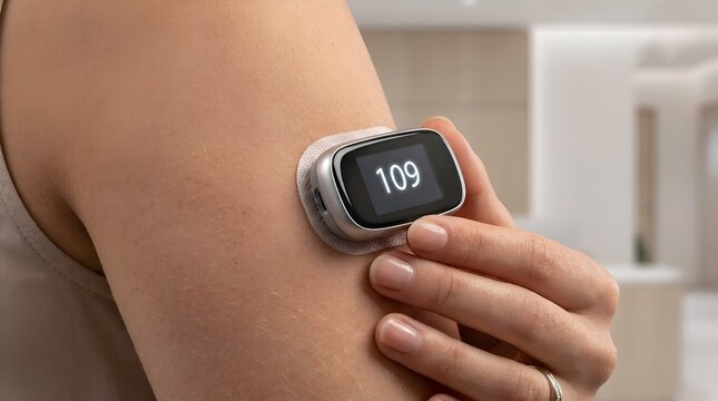 Close-Up of a Wearable Health Monitoring Sensor Displaying 109 on Human Skin &mdash; Health technology, digital wellness tracking, smart medical devices, and personal health monitoring.